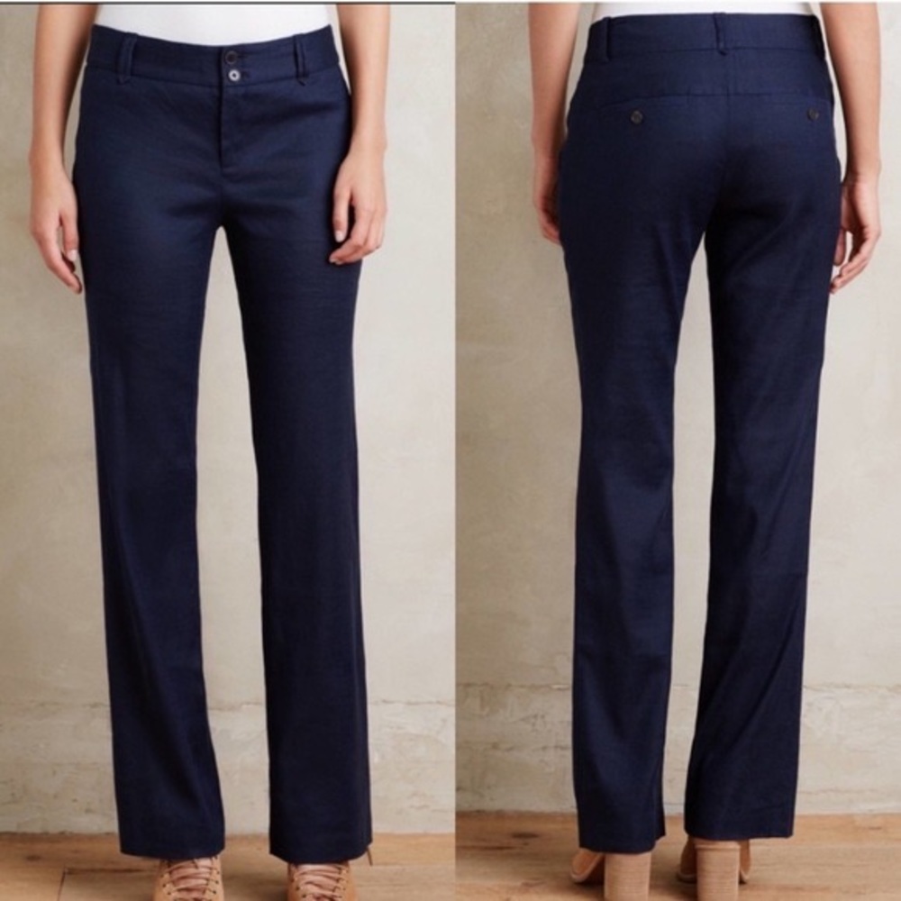 Elevenses Anthropologie Benton Navy Blue Linen Blend Trouser Pants